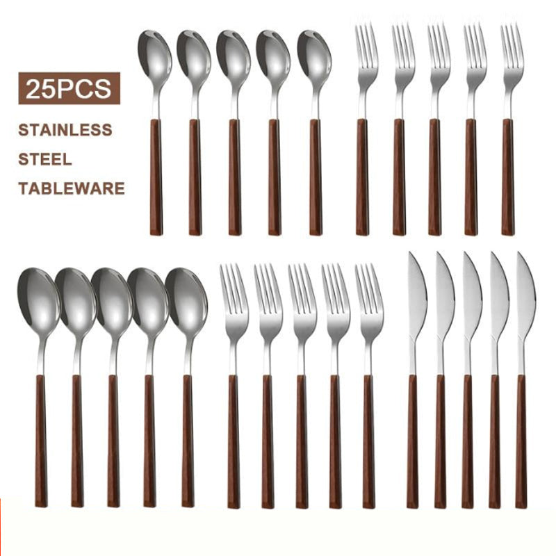 Western Dinnerware Set Glossy Silver Wood Handle 304 Stainless Steel 25Pcs Steak Table Knife Fork Spoon Dessert Fork Cutlery Set