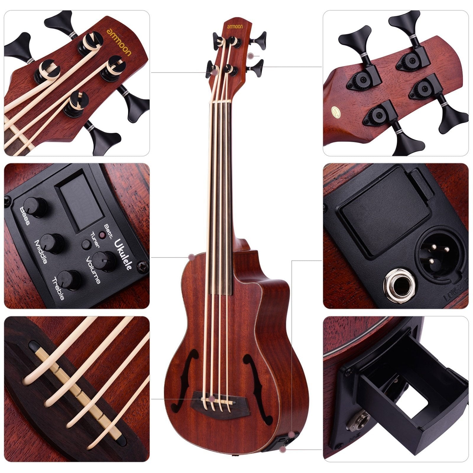 30 Inch Ukulele Cutaway U-Bass UBass Wooden Electric Acoustic Bass Ukulele Ukelele Built-in EQ Tuner with F Sound Holes - AKLOT