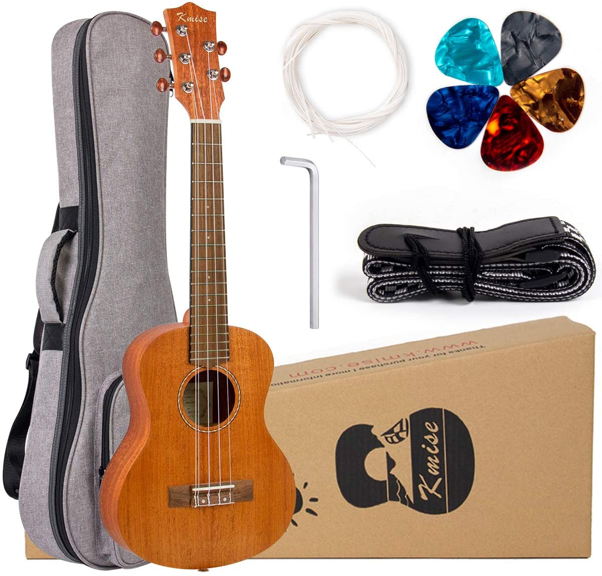 5 String Ukulele Mahogany Ukelele Tenor Uke Kit with Extra Strings Strap Gig Bag Picks - AKLOT