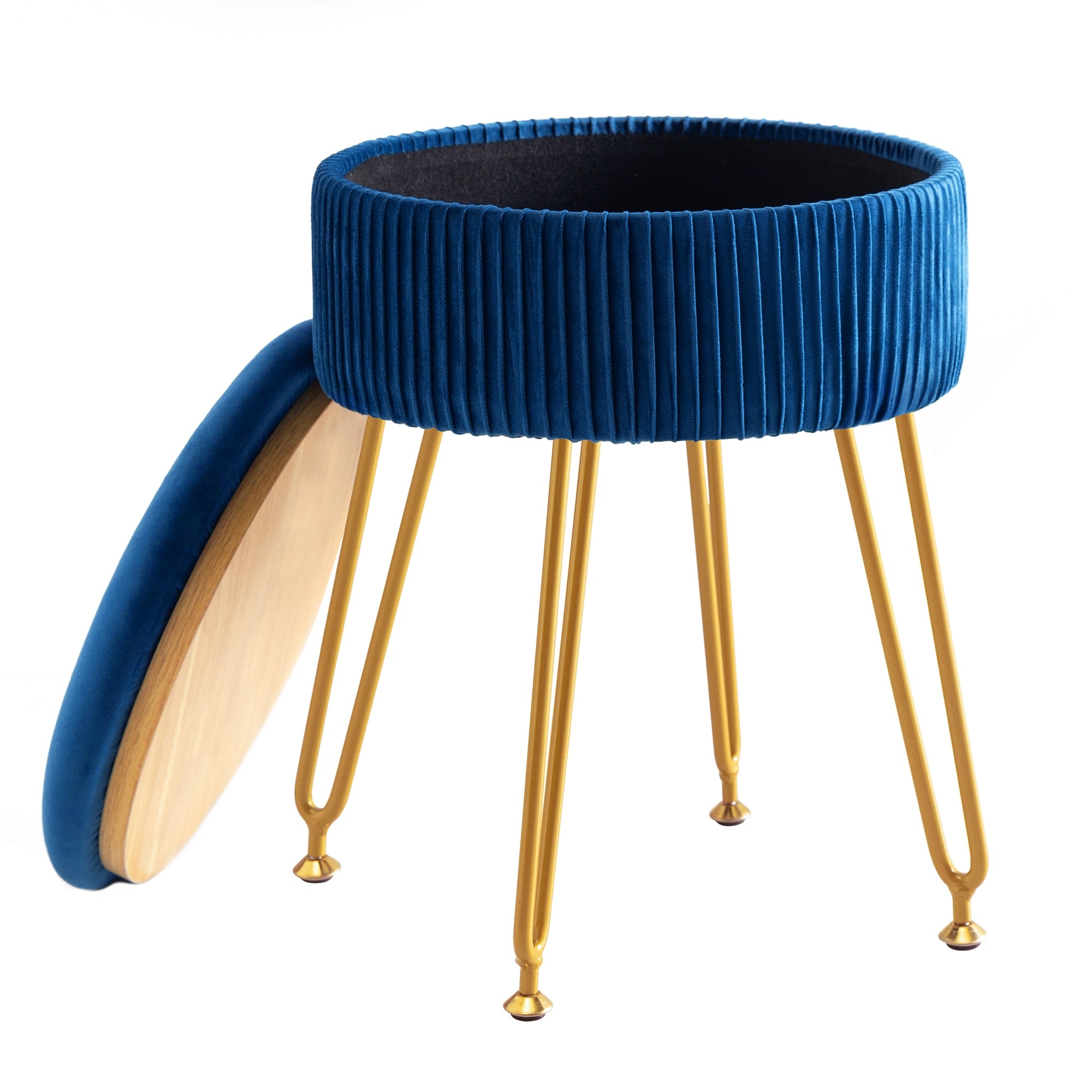 Yellow Velvet Storage Ottoman Stool Round Footrest Vanity Stool with Metal Legs Suitable for Living Room and Bedroom