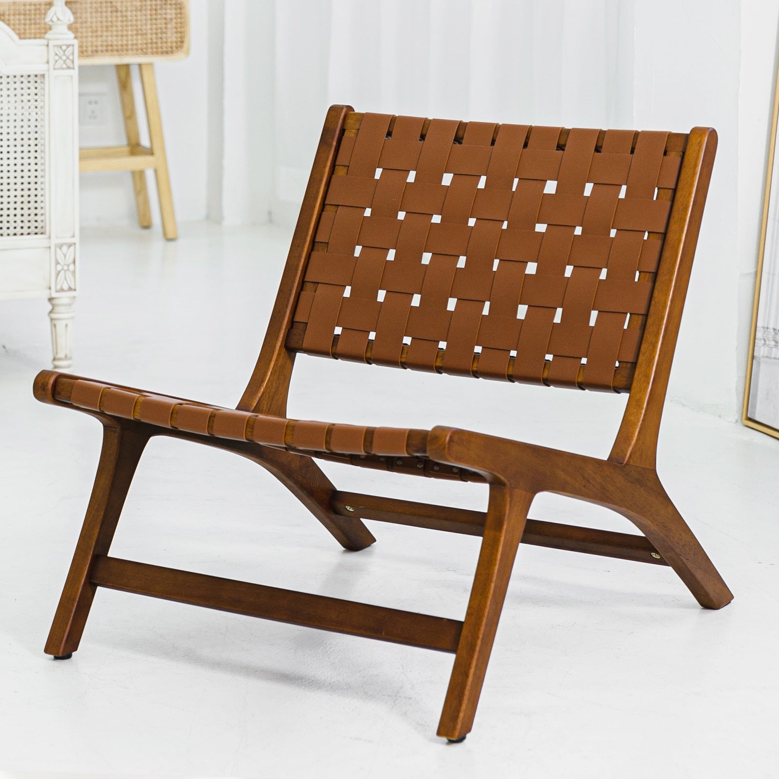 Leather Woven Patio Chair for Leisure Indoor Wooden Recliner Accent Sofa Modern Wood Furniture for Garden Living room