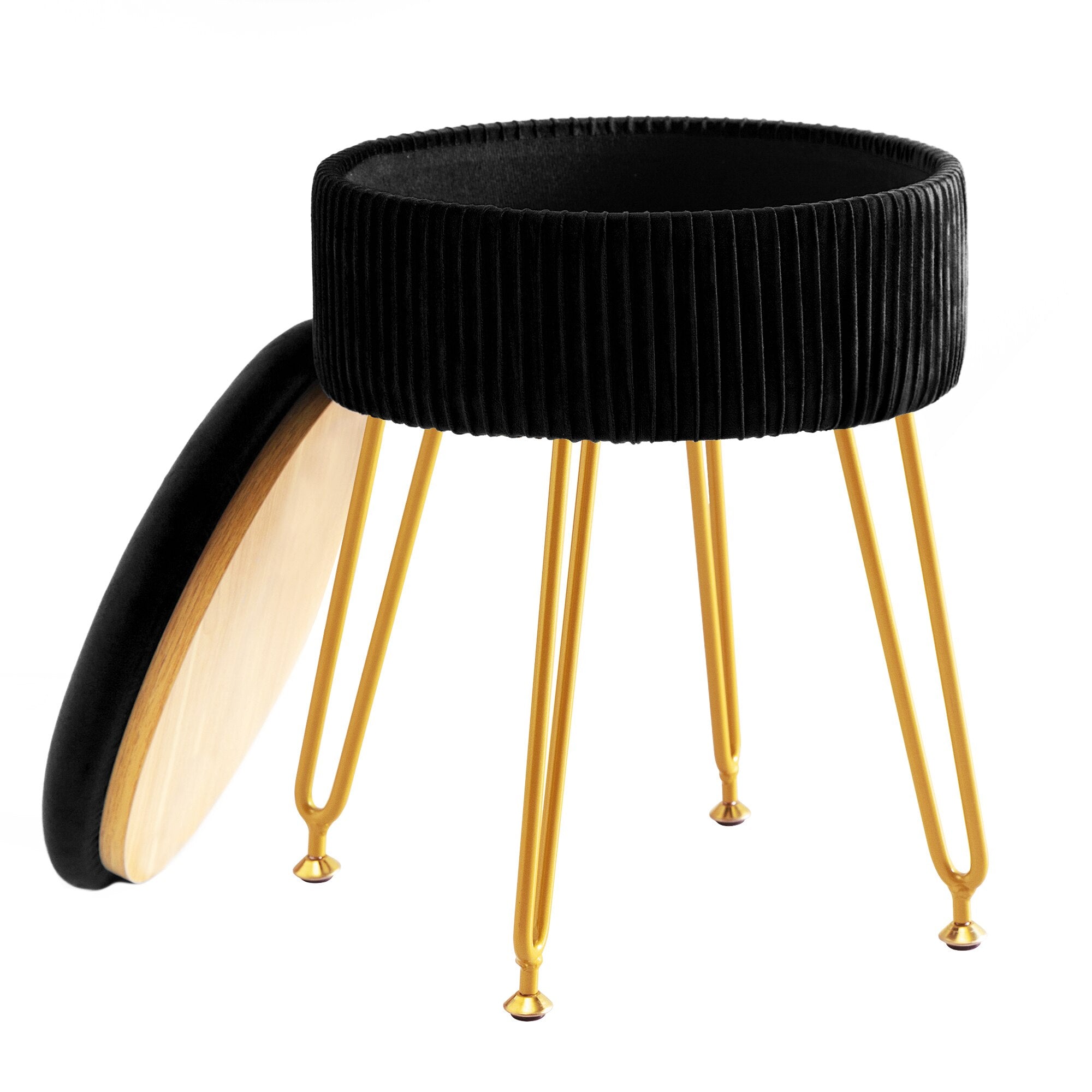 Royalblue Velvet Storage Ottoman Stool Round Footrest Vanity Stool with Metal Legs Suitable for Living Room and Bedroom