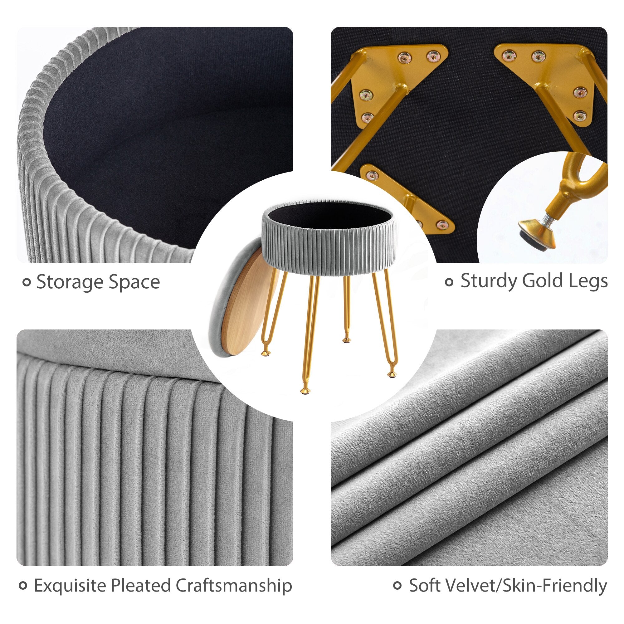 Yellow Velvet Storage Ottoman Stool Round Footrest Vanity Stool with Metal Legs Suitable for Living Room and Bedroom