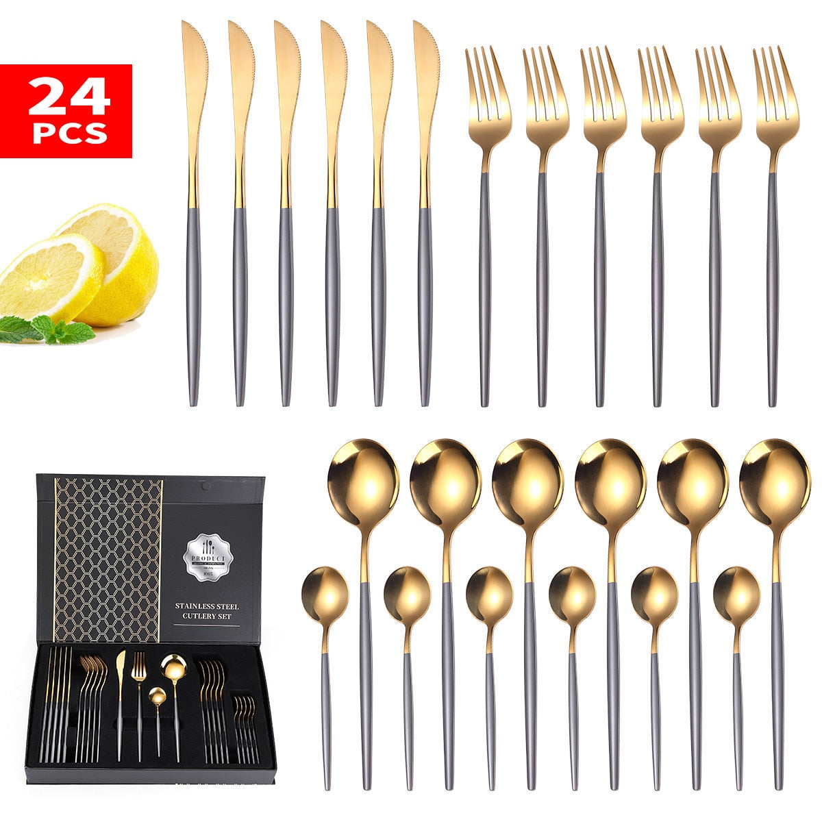 24PCS Box-Packed Cutlery Set Stainless Steel Dinner Tableware Sets Western Dishes Knives Fork Coffee Spoons Kitchen Dinnerware