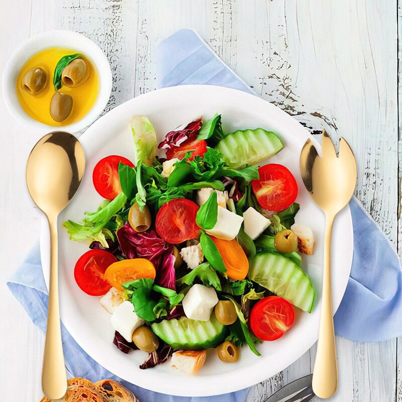 Gold Salad Spoon Fork Stainless Steel 2PCS Salad Spoon Cutlery Set Serving Spoon Set Colorful Unique Dessert Spoons Tableware