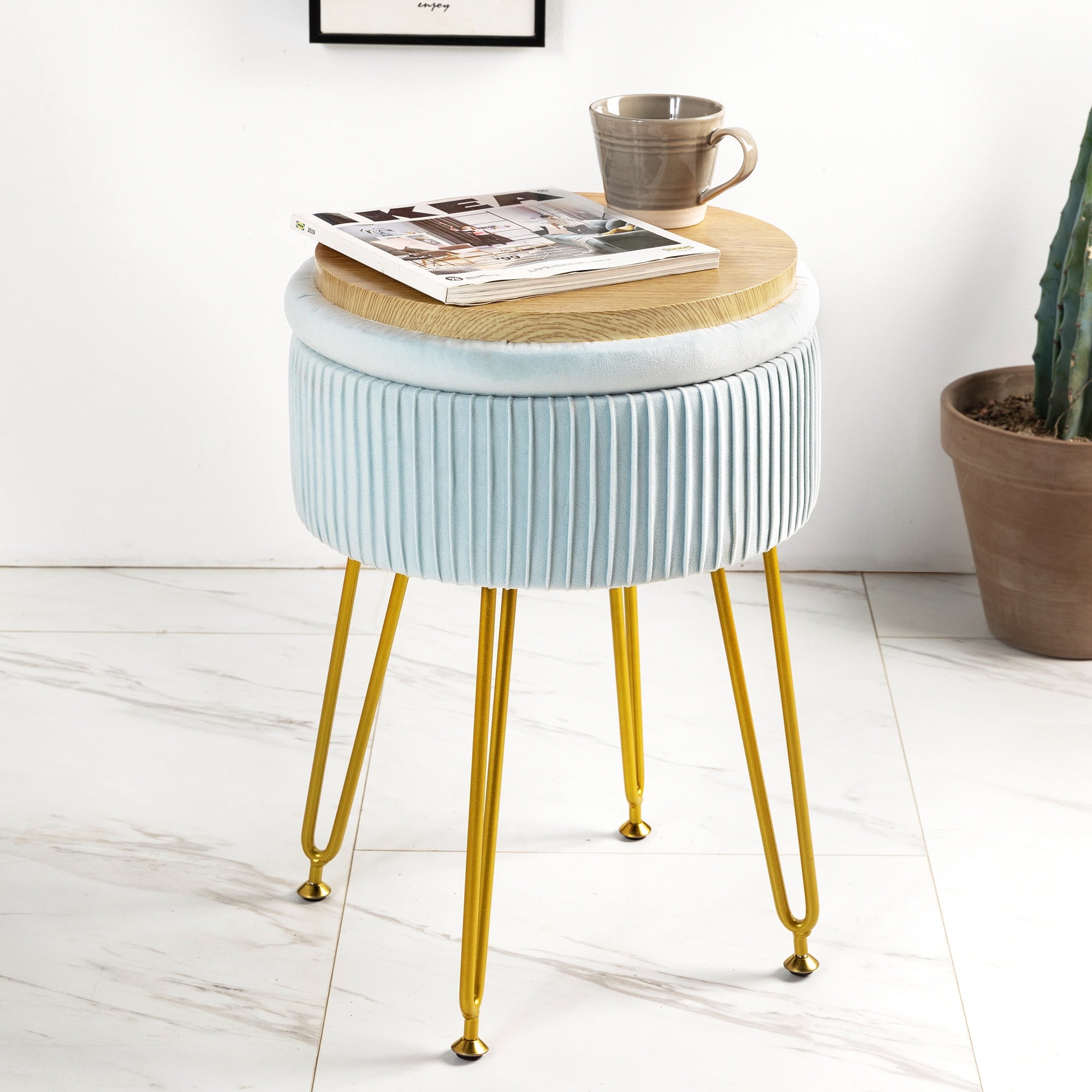 Velvet Teal Storage Ottoman Pleated Round Footrest Vanity Stool with Metal Legs Suitable for Living Room and Bedroom