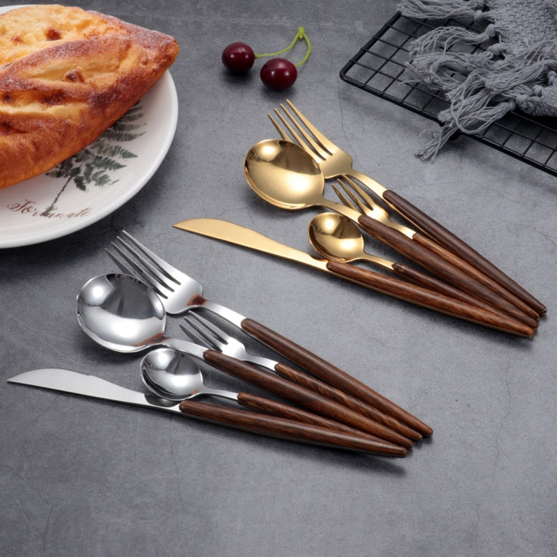 Western Dinnerware Set Glossy Silver Wood Handle 304 Stainless Steel 25Pcs Steak Table Knife Fork Spoon Dessert Fork Cutlery Set