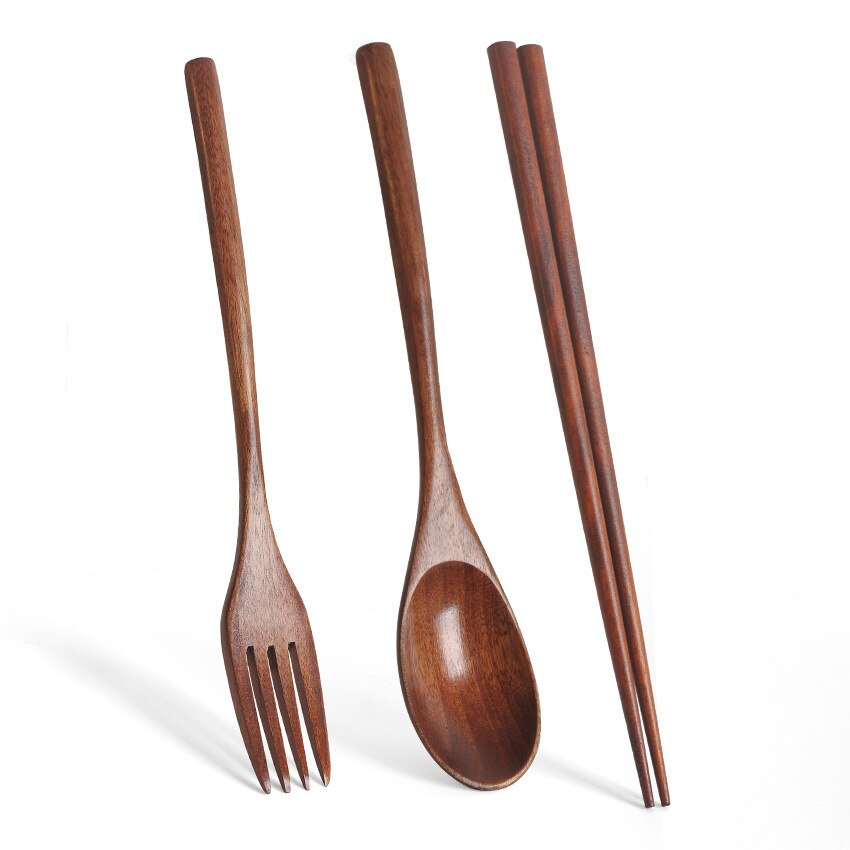 3Pcs/Set Natural Wood Spoon Chopsticks And Fork Dinner Set Rice Soup Grain Tableware Handmade Japanese Cutlery Bamboo Chopstick