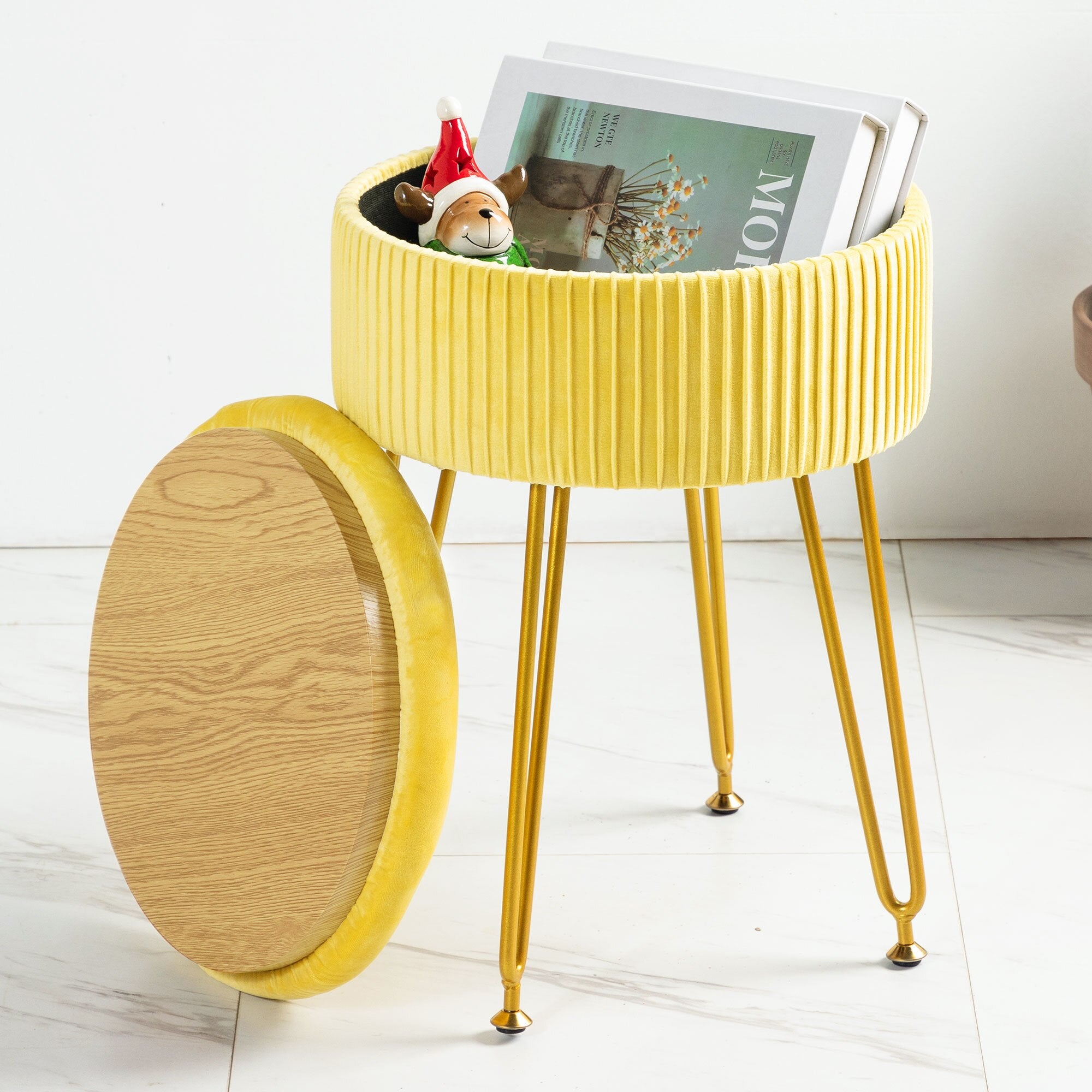 Orange Velvet Storage Ottoman Stool Round Footrest Vanity Stool with Metal Legs Suitable for Living Room and Bedroom