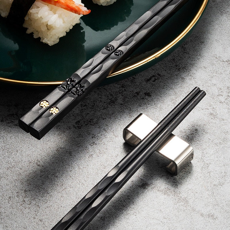 5 Pairs/Lot Laser Engraving Chopsticks Alloy Stainless Steel Squared Edge Non-Slip Reusable Sushi Sticks Handmade Gift Pack