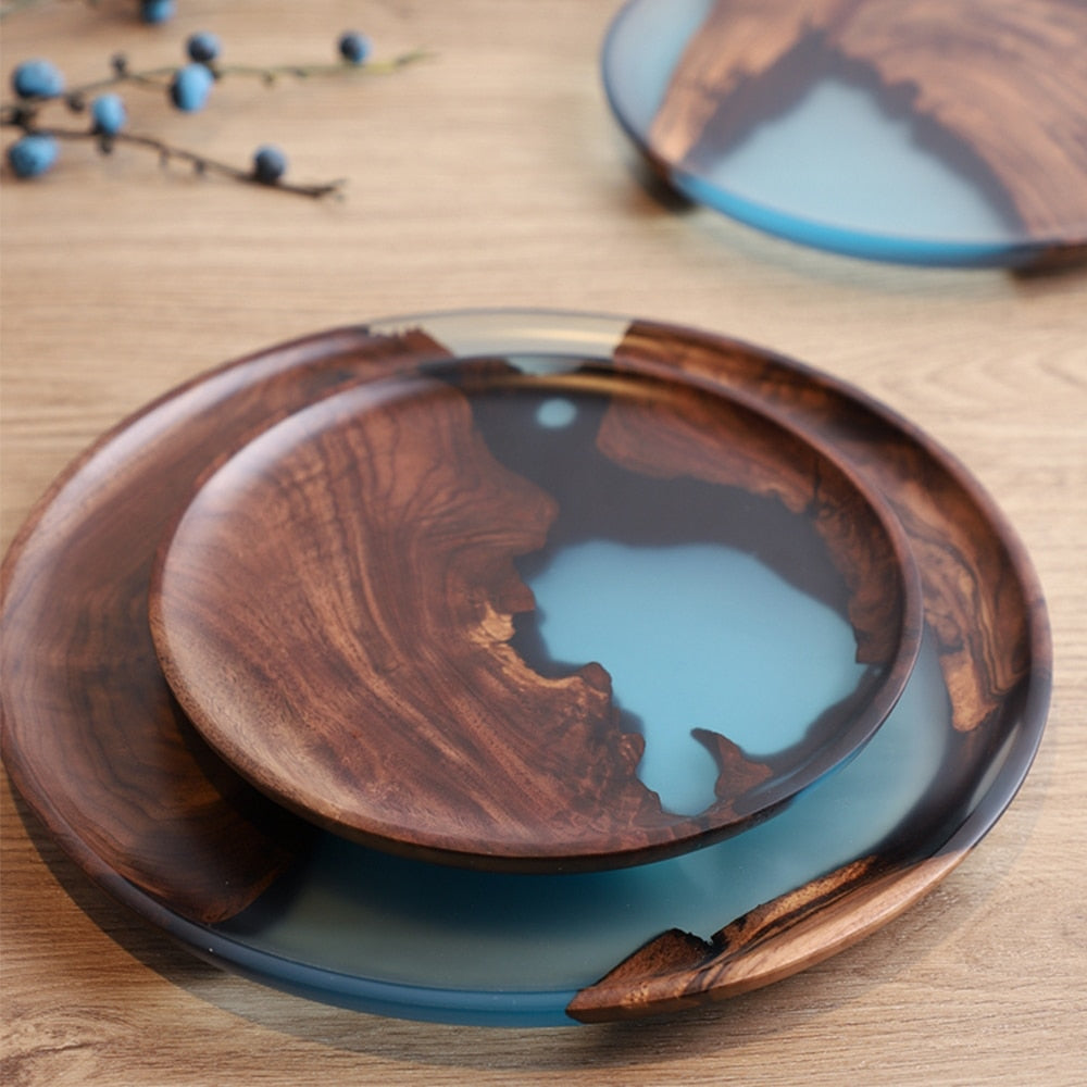 European Style River Design Wooden Epoxy Resin Tray For Teacup Teapot Tea Cake Solid Wood Plates For Fruit Snacks Nuts Dessert