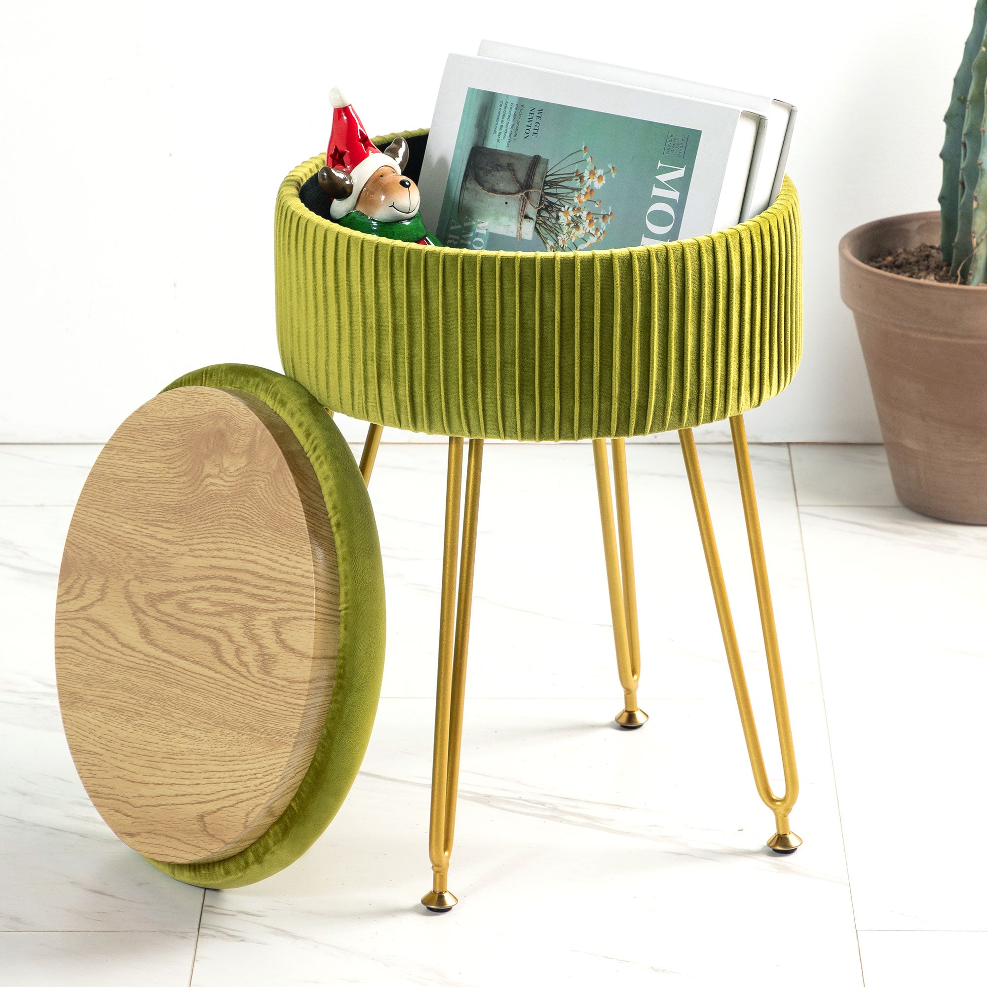 Yellow Velvet Storage Ottoman Stool Round Footrest Vanity Stool with Metal Legs Suitable for Living Room and Bedroom