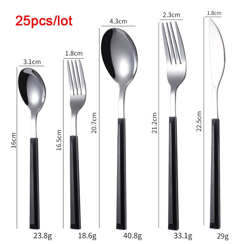 Western Dinnerware Set Glossy Silver Wood Handle 304 Stainless Steel 25Pcs Steak Table Knife Fork Spoon Dessert Fork Cutlery Set