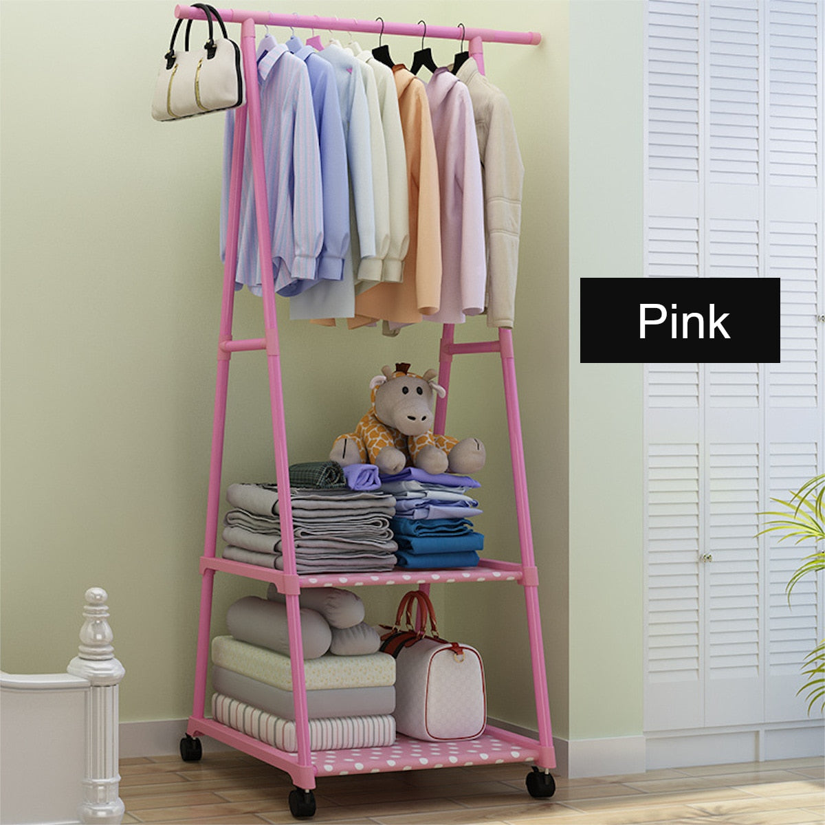 Removable Metal Coat Rack Floor Shelf Stand with Wheels Multifunction Storage Rack Organizer Garment Clothes Holder Shelves