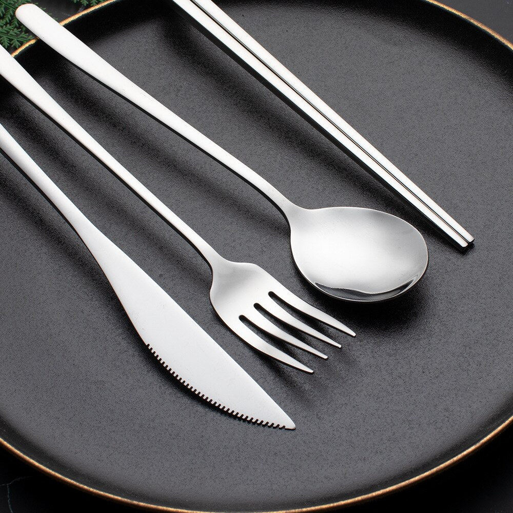 8pcs Dinnerware Set Travel Cutlery Set Reusable Tableware Stainless Steel Spoon Fork Chopsticks Kitchen Accessory With Case