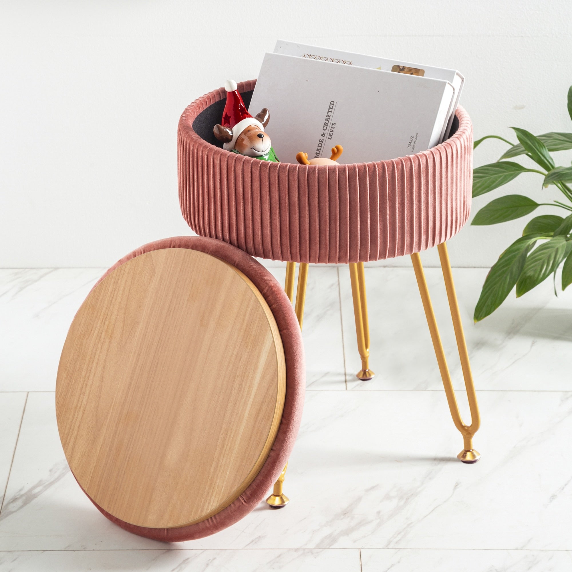 Pink Velvet Storage Ottoman Stool Round Footrest Vanity Stool with Metal Legs Suitable for Living Room and Bedroom