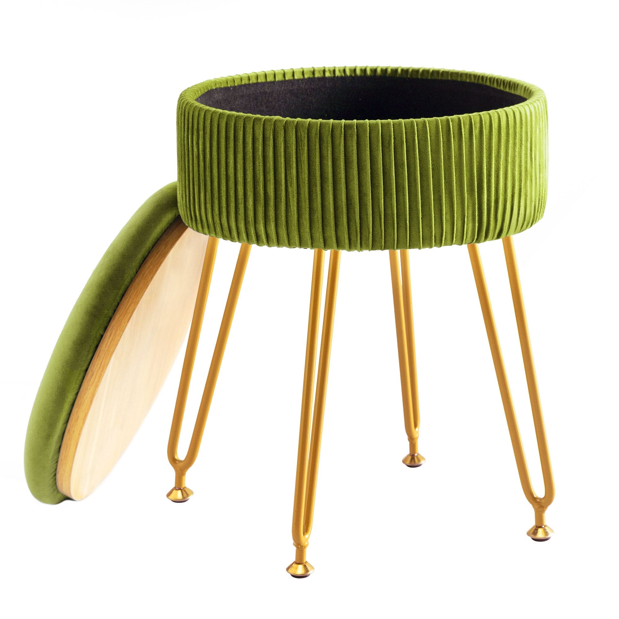 Yellow Velvet Storage Ottoman Stool Round Footrest Vanity Stool with Metal Legs Suitable for Living Room and Bedroom