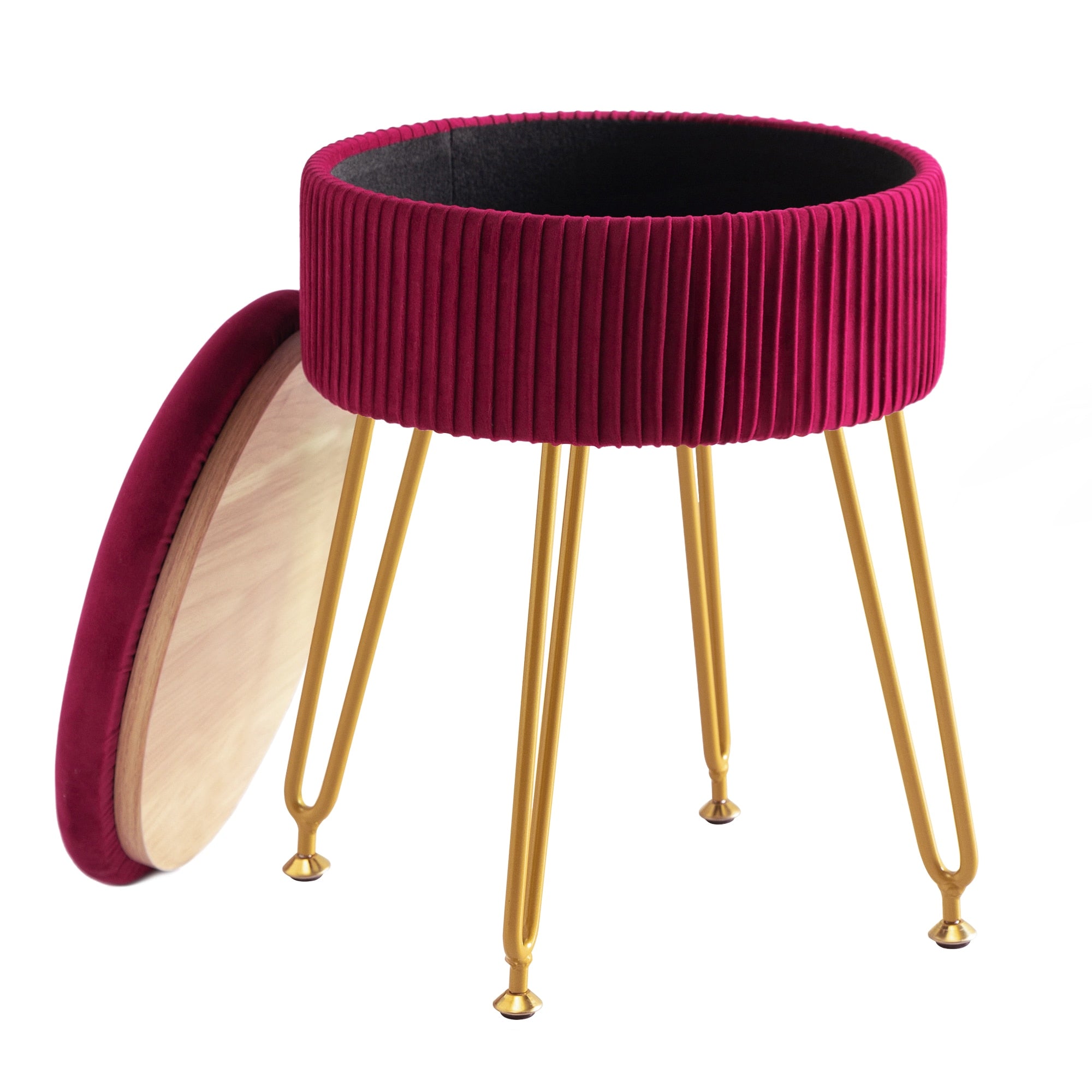 Velvet Teal Storage Ottoman Pleated Round Footrest Vanity Stool with Metal Legs Suitable for Living Room and Bedroom