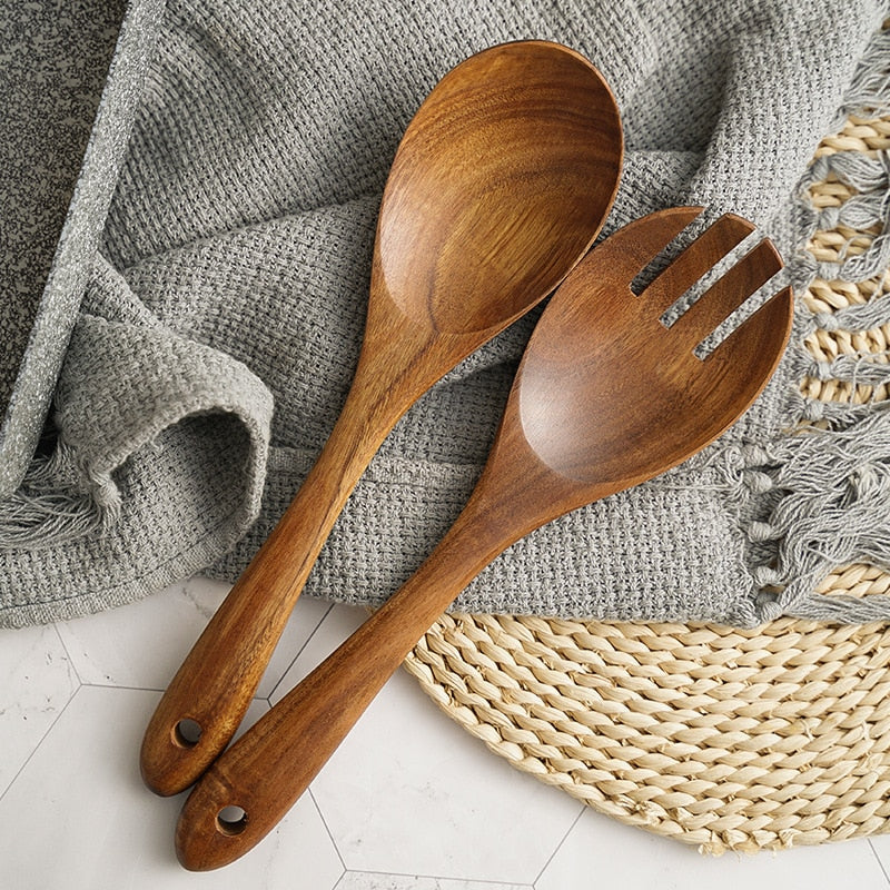 1/2Pcs Wooden Spoon Salad Fork Spoon Set Wood Kitchen Accessories Utensils Long Handle Soup Spoon Ladle Server Tableware