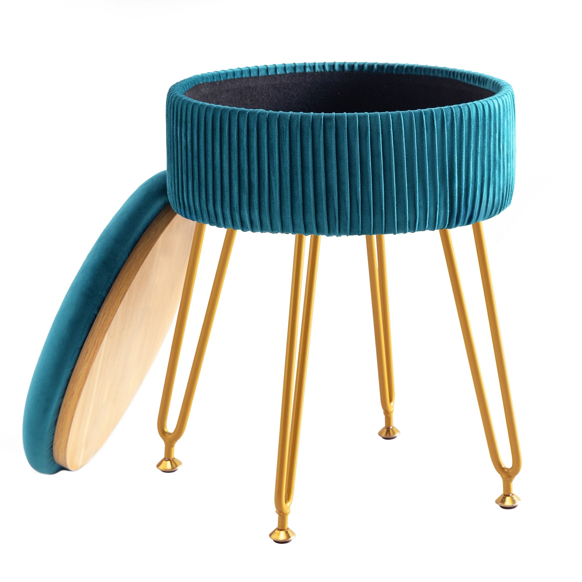 Yellow Velvet Storage Ottoman Stool Round Footrest Vanity Stool with Metal Legs Suitable for Living Room and Bedroom