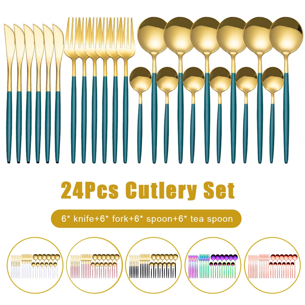 24Pcs Cutlery Set Stainless Steel Dinnerware Set Kitchen Mirror Complete Tableware Knife Fork Spoon Steel Gold Cutlery Table Set