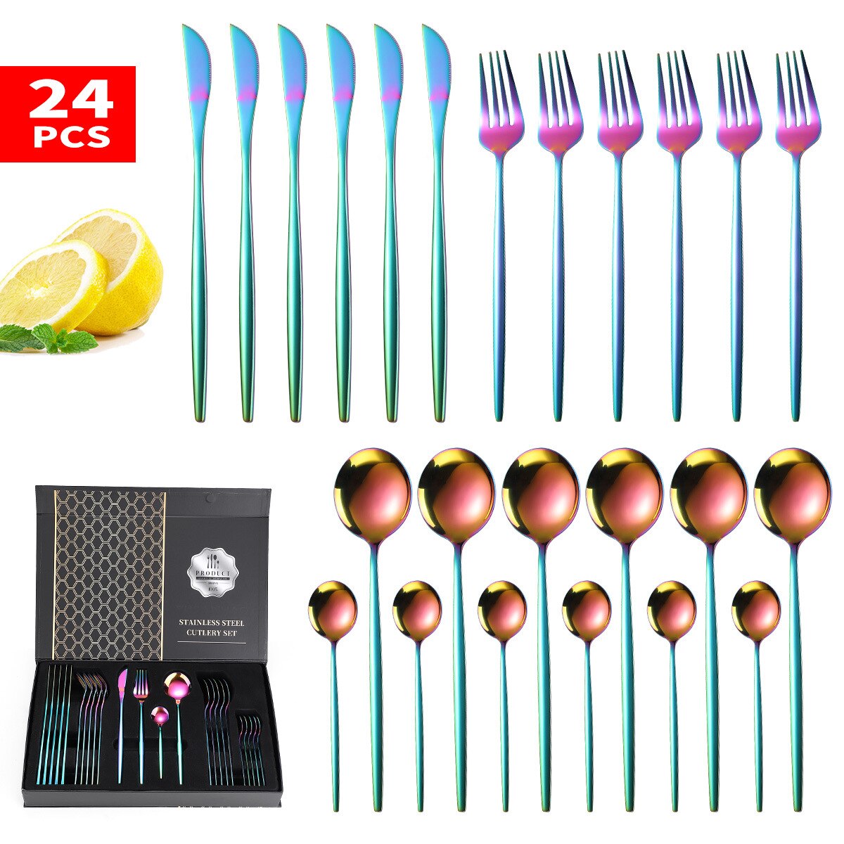 24PCS Box-Packed Cutlery Set Stainless Steel Dinner Tableware Sets Western Dishes Knives Fork Coffee Spoons Kitchen Dinnerware