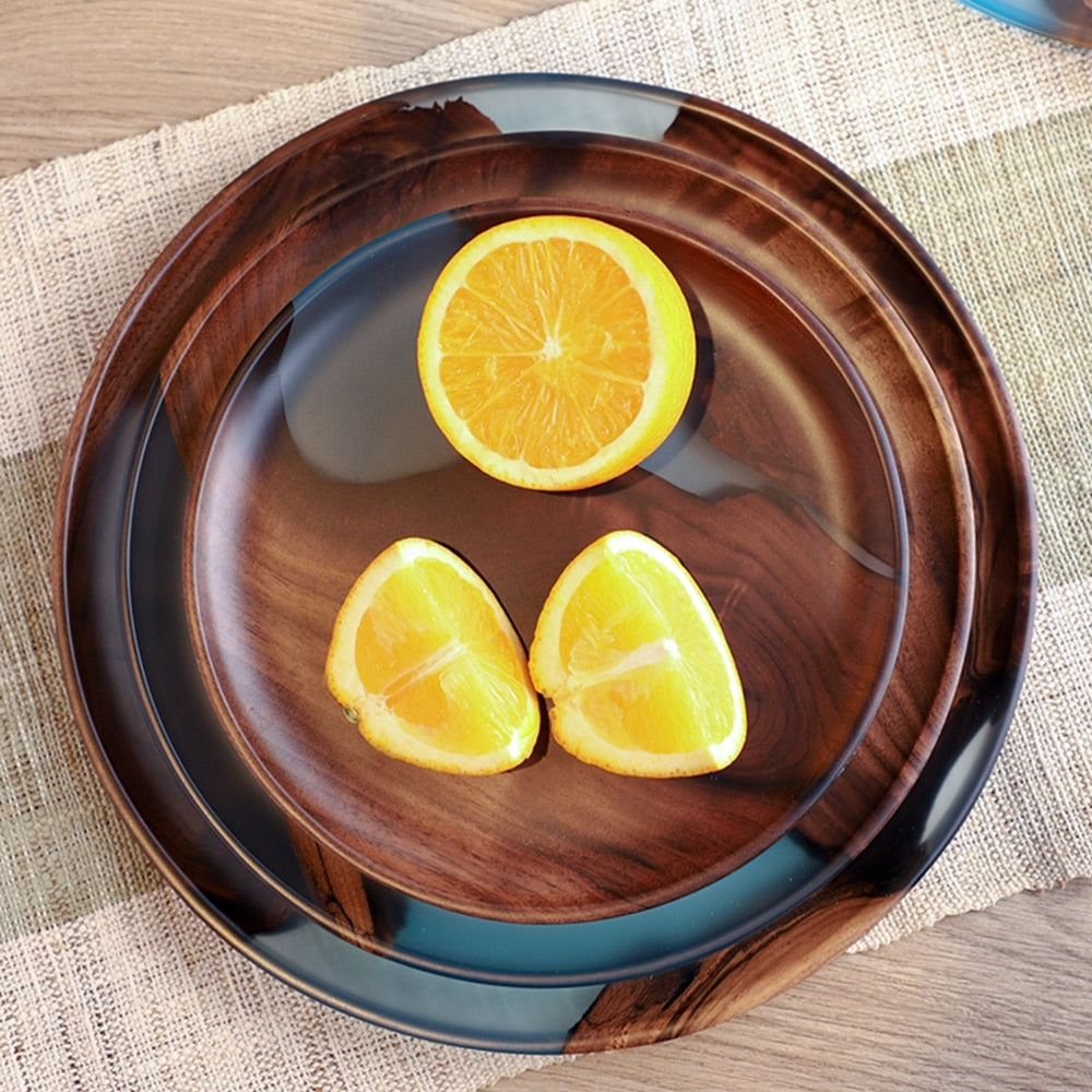 European Style River Design Wooden Epoxy Resin Tray For Teacup Teapot Tea Cake Solid Wood Plates For Fruit Snacks Nuts Dessert