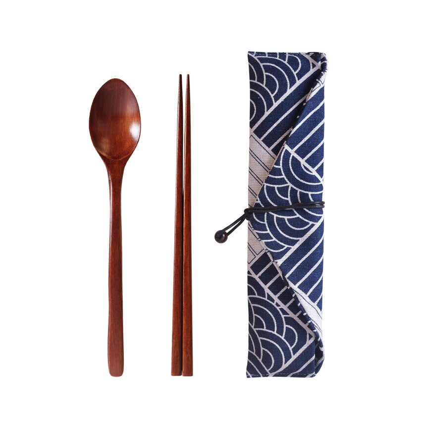 Portable Wood Tableware Wooden Chopstick Spoon Cutlery Sets Travel Dinnerware Suit Environmental with Cloth Pack Gifts Set