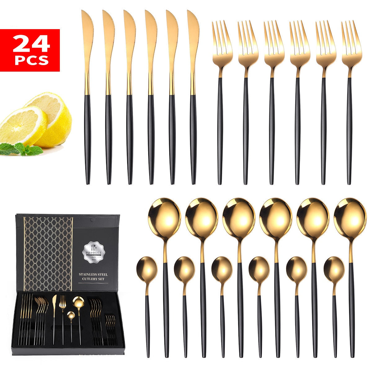 24PCS Box-Packed Cutlery Set Stainless Steel Dinner Tableware Sets Western Dishes Knives Fork Coffee Spoons Kitchen Dinnerware