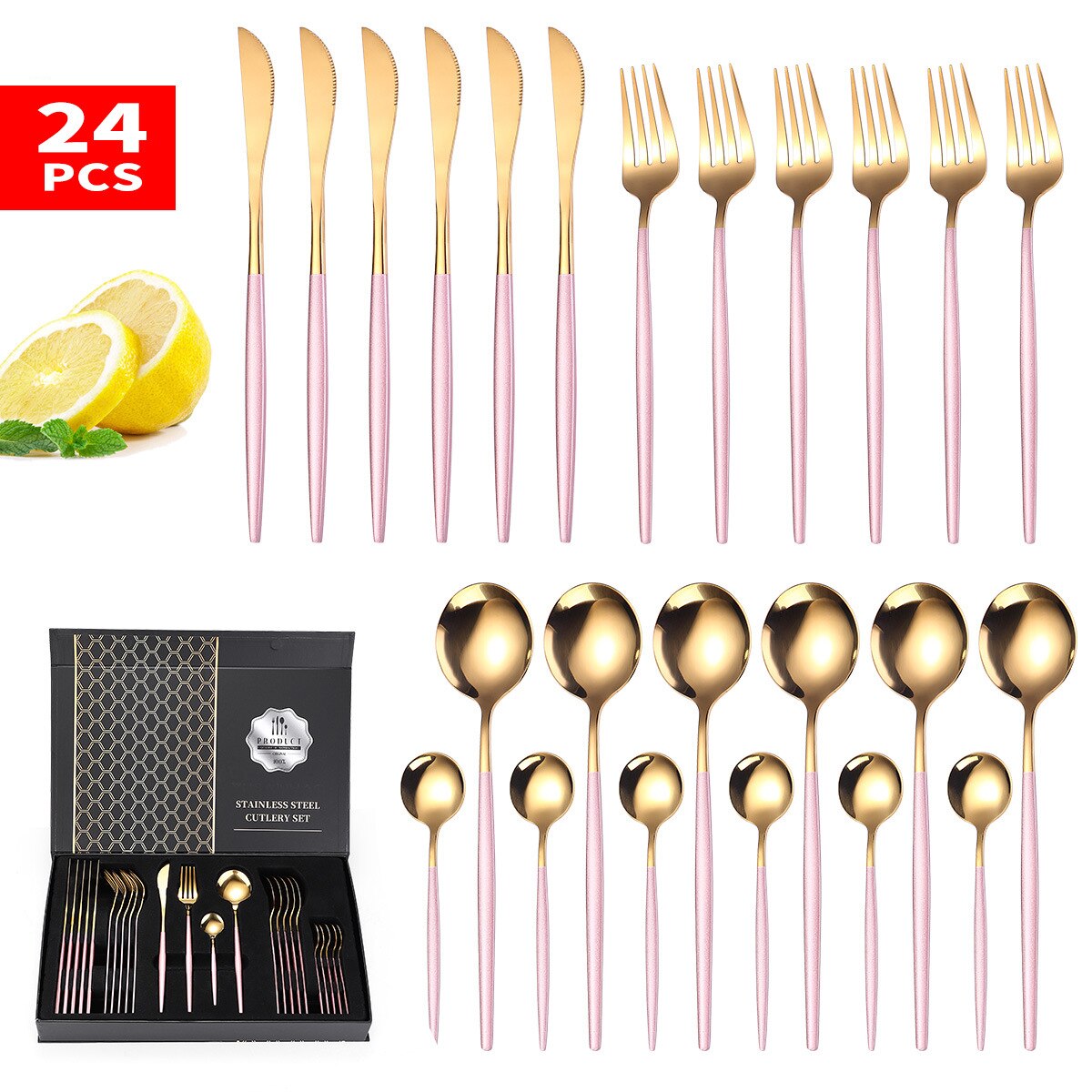 24PCS Box-Packed Cutlery Set Stainless Steel Dinner Tableware Sets Western Dishes Knives Fork Coffee Spoons Kitchen Dinnerware