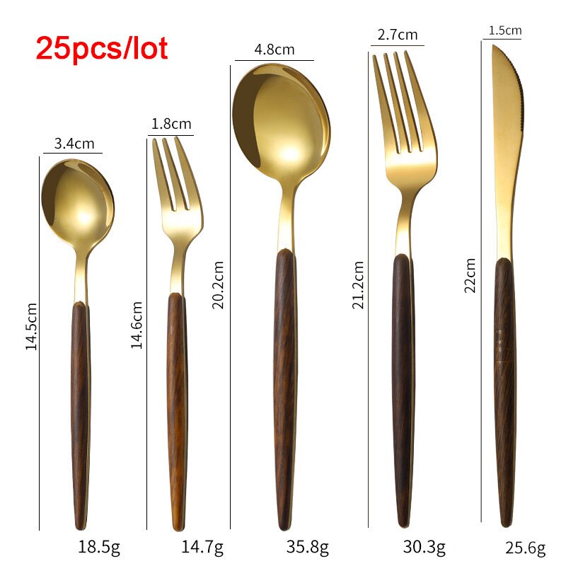 Western Dinnerware Set Glossy Silver Wood Handle 304 Stainless Steel 25Pcs Steak Table Knife Fork Spoon Dessert Fork Cutlery Set