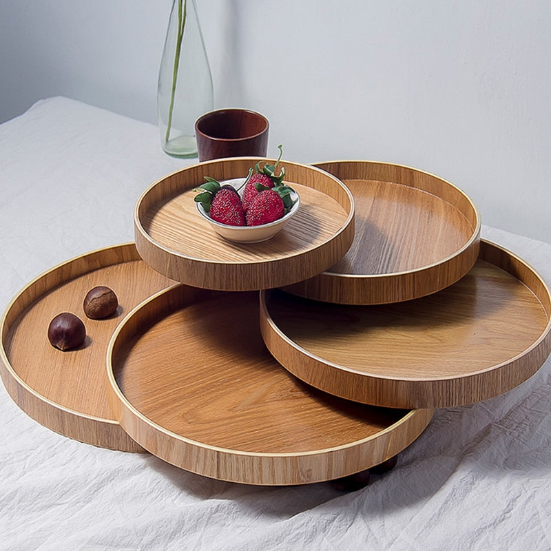 Japanese Style Round Wooden Tea Table Tray Coffee Snack Food Meals Serving Tray Traditional Food Server Dishes Drink Platter