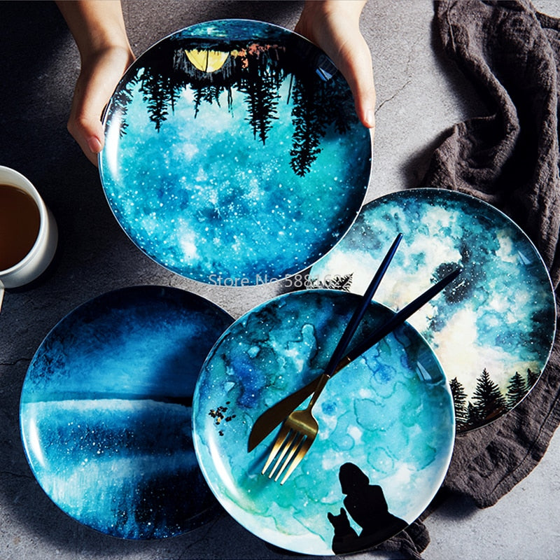 Nordic style 8 inch Night sky pattern Dinner Plate set Porcelain Dessert Snack Cake Dishes for Kitchen Decor Gift dinnerware