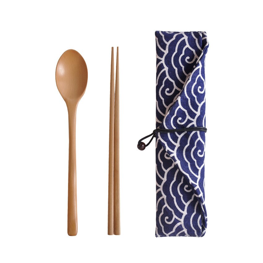 Portable Wood Tableware Wooden Chopstick Spoon Cutlery Sets Travel Dinnerware Suit Environmental with Cloth Pack Gifts Set