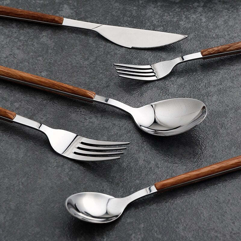 5Pcs/Set 304 Stainless Steel Dinnerware Sets Glossy Silver Wooden Tableware Western Food Knife Fork Teaspoon Cutleries