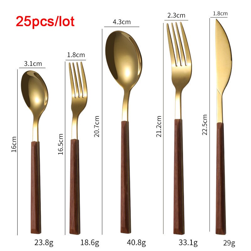 Western Dinnerware Set Glossy Silver Wood Handle 304 Stainless Steel 25Pcs Steak Table Knife Fork Spoon Dessert Fork Cutlery Set