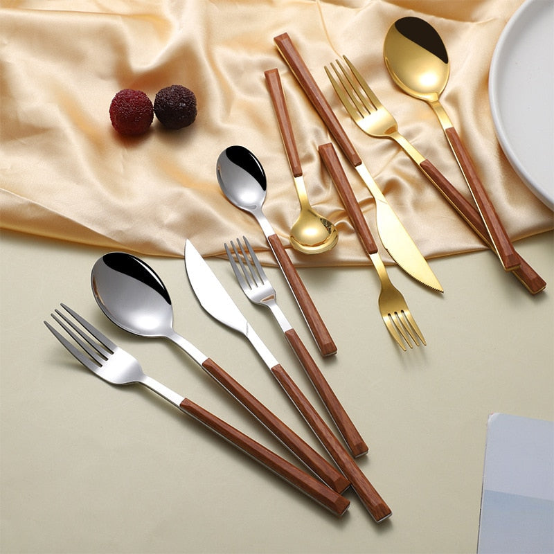 Western Dinnerware Set Glossy Silver Wood Handle 304 Stainless Steel 25Pcs Steak Table Knife Fork Spoon Dessert Fork Cutlery Set