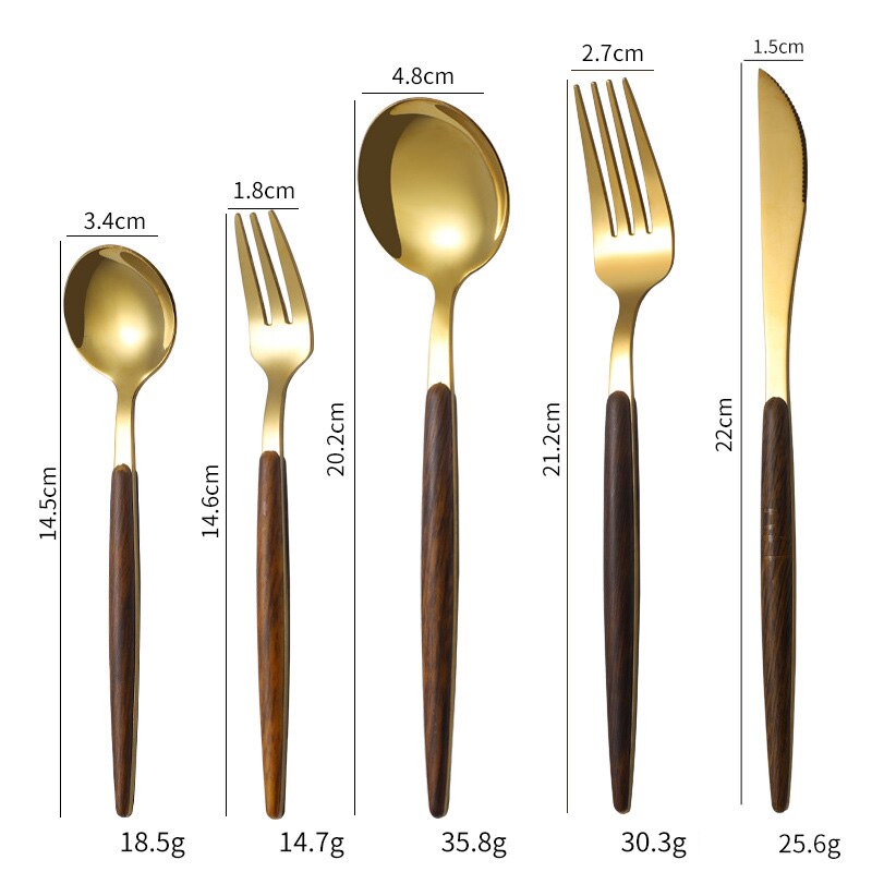 5Pcs/Set 304 Stainless Steel Dinnerware Sets Glossy Silver Wooden Tableware Western Food Knife Fork Teaspoon Cutleries