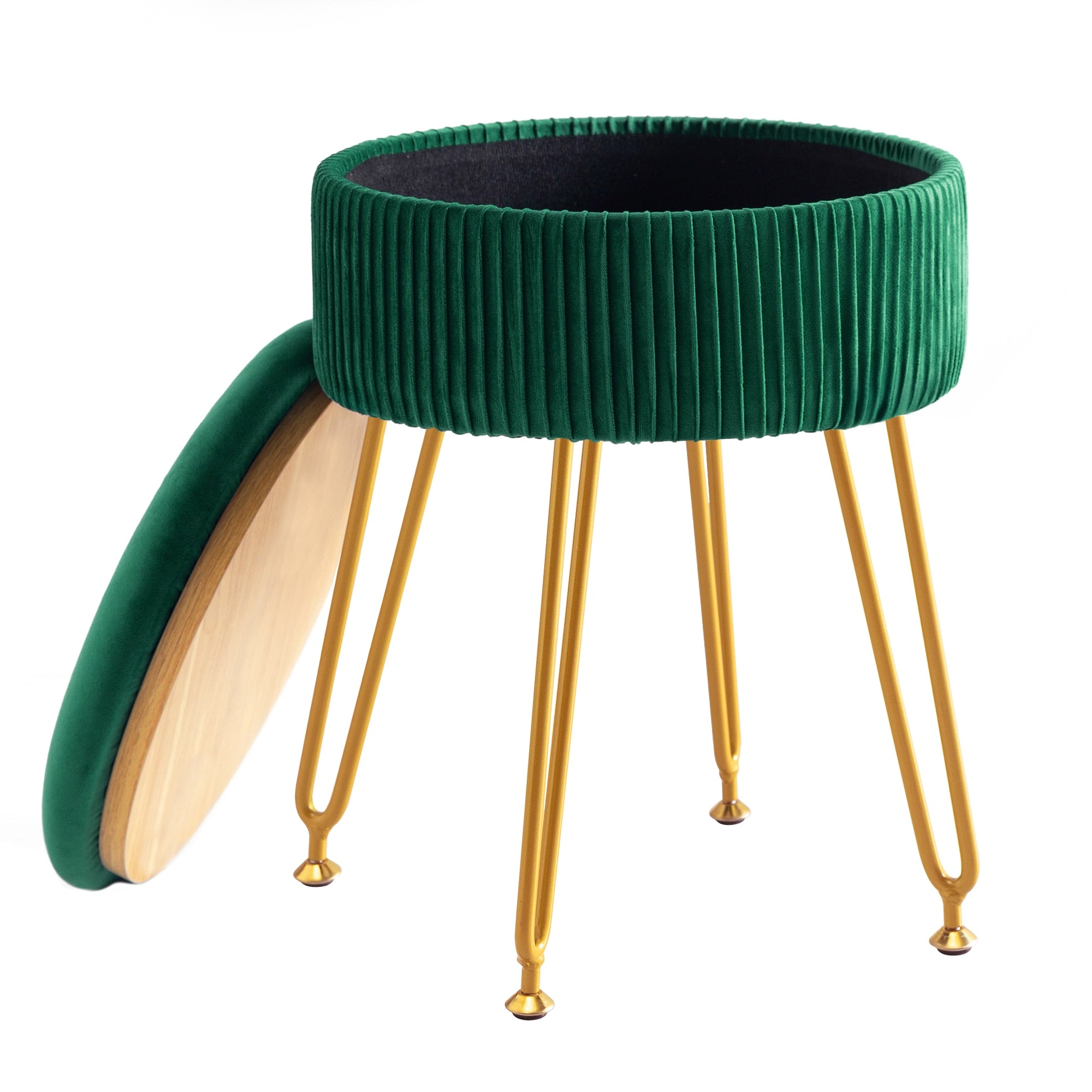 Velvet Teal Storage Ottoman Pleated Round Footrest Vanity Stool with Metal Legs Suitable for Living Room and Bedroom