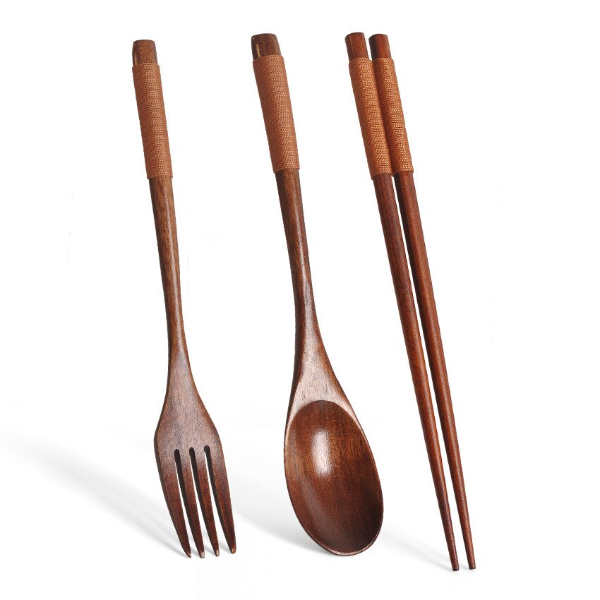 3Pcs/Set Natural Wood Spoon Chopsticks And Fork Dinner Set Rice Soup Grain Tableware Handmade Japanese Cutlery Bamboo Chopstick