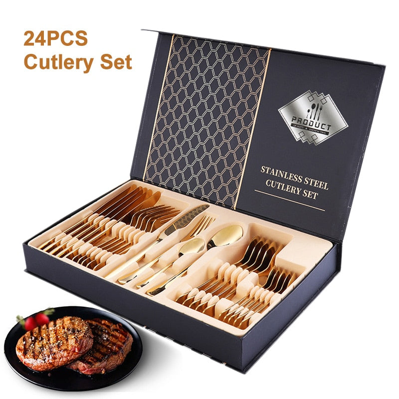 24PCS Gold Cutlery Set Stainless Steel Tableware Dinner Cutlery Sets Western Dishes Knives Fork Coffee Spoons Kitchen Dinnerware