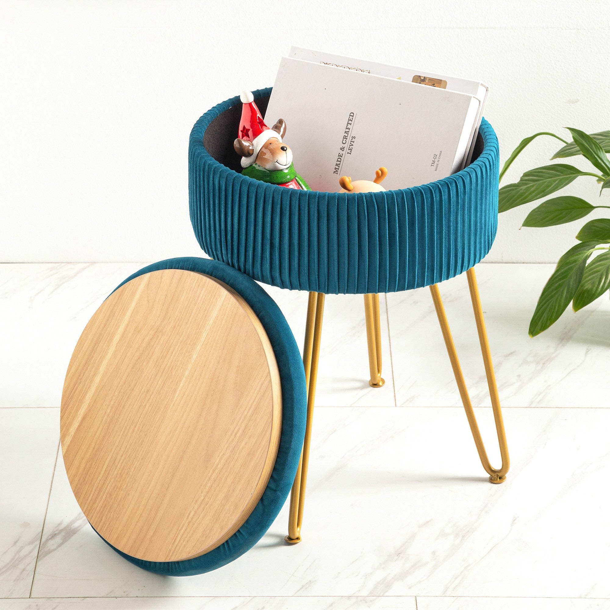 Velvet Teal Storage Ottoman Pleated Round Footrest Vanity Stool with Metal Legs Suitable for Living Room and Bedroom