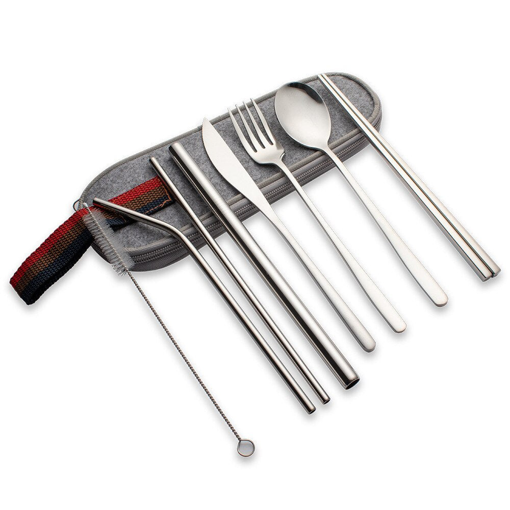 8pcs Dinnerware Set Travel Cutlery Set Reusable Tableware Stainless Steel Spoon Fork Chopsticks Kitchen Accessory With Case