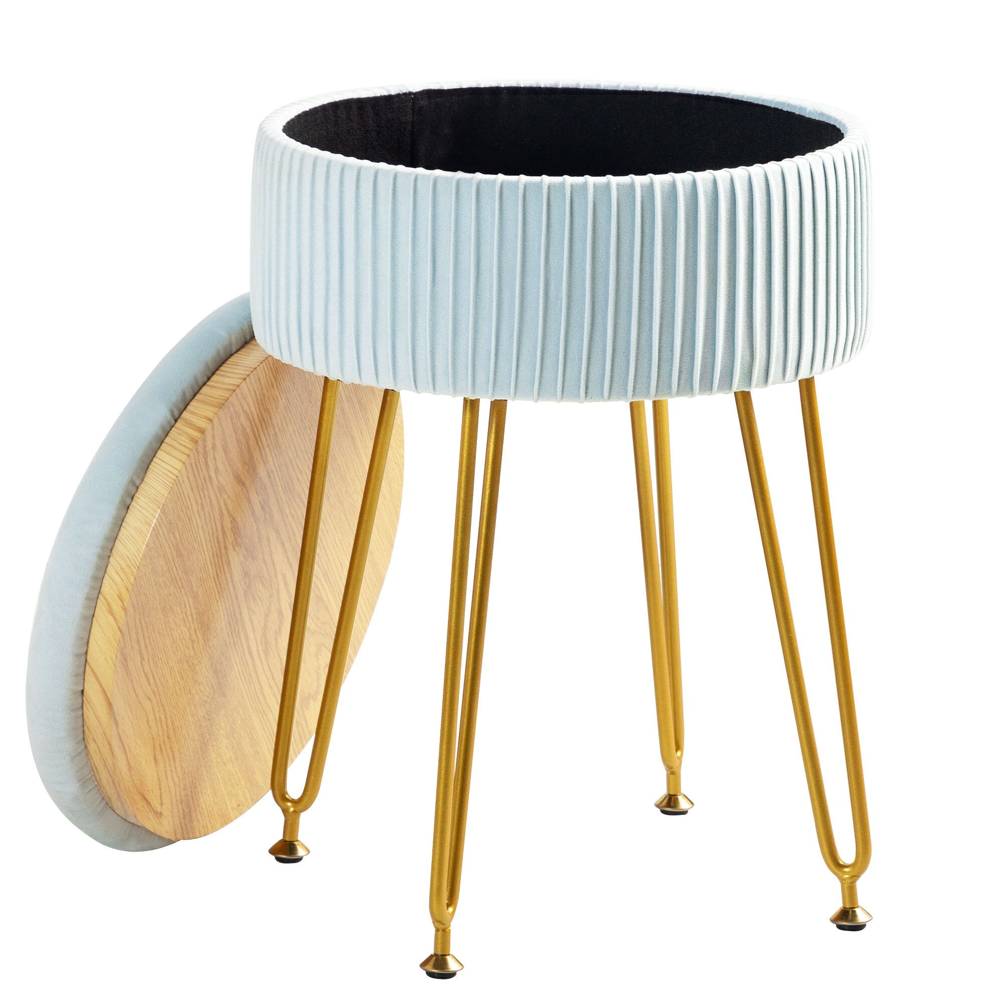 Yellow Velvet Storage Ottoman Stool Round Footrest Vanity Stool with Metal Legs Suitable for Living Room and Bedroom