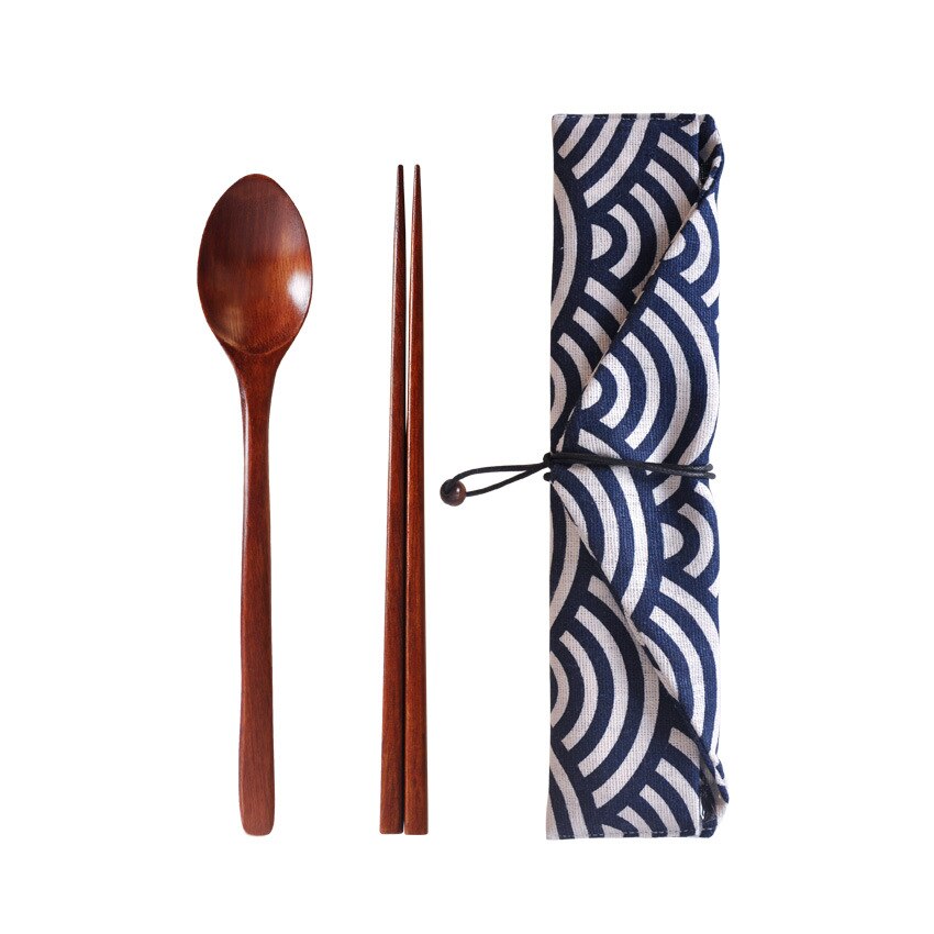 Portable Wood Tableware Wooden Chopstick Spoon Cutlery Sets Travel Dinnerware Suit Environmental with Cloth Pack Gifts Set