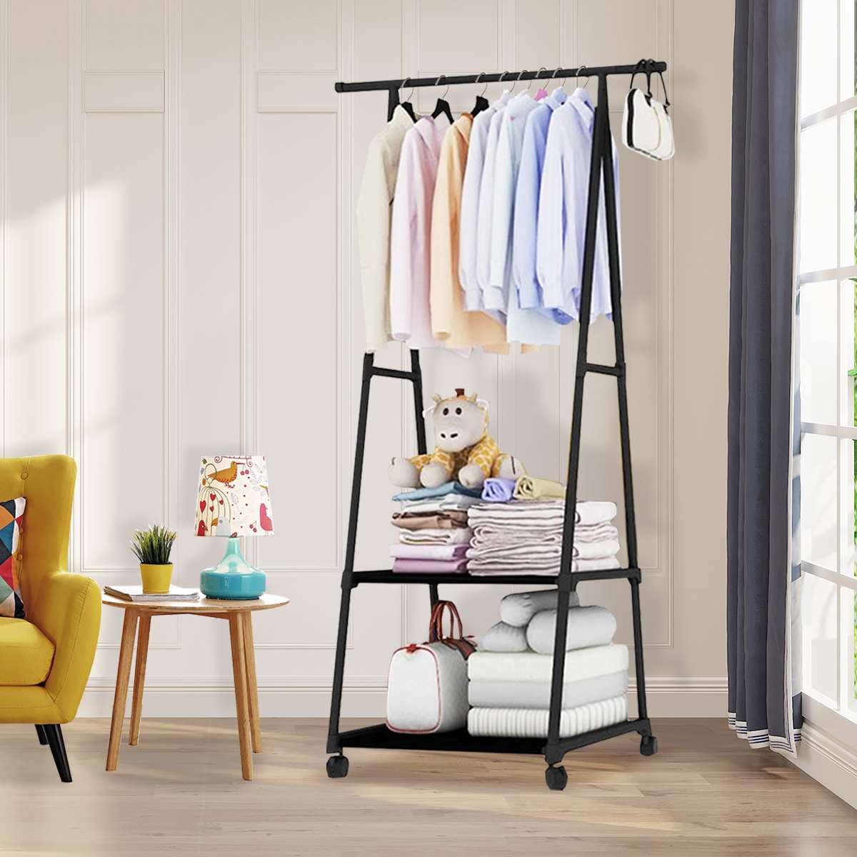 Removable Metal Coat Rack Floor Shelf Stand with Wheels Multifunction Storage Rack Organizer Garment Clothes Holder Shelves