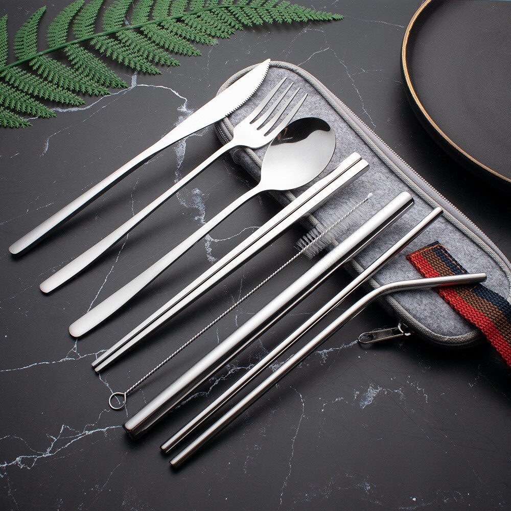 8pcs Dinnerware Set Travel Cutlery Set Reusable Tableware Stainless Steel Spoon Fork Chopsticks Kitchen Accessory With Case