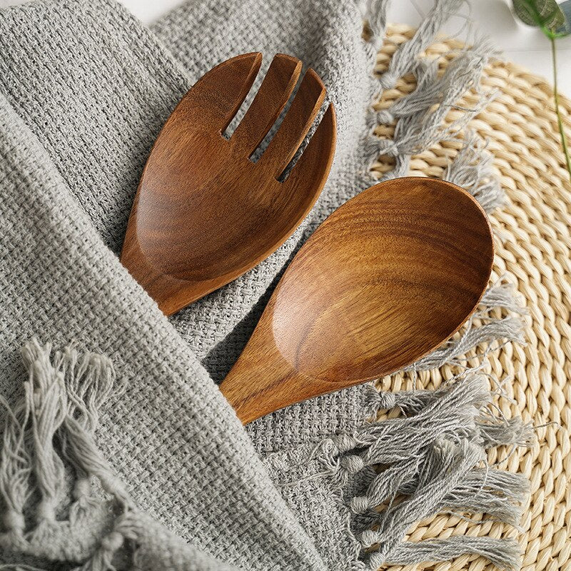 1/2Pcs Wooden Spoon Salad Fork Spoon Set Wood Kitchen Accessories Utensils Long Handle Soup Spoon Ladle Server Tableware