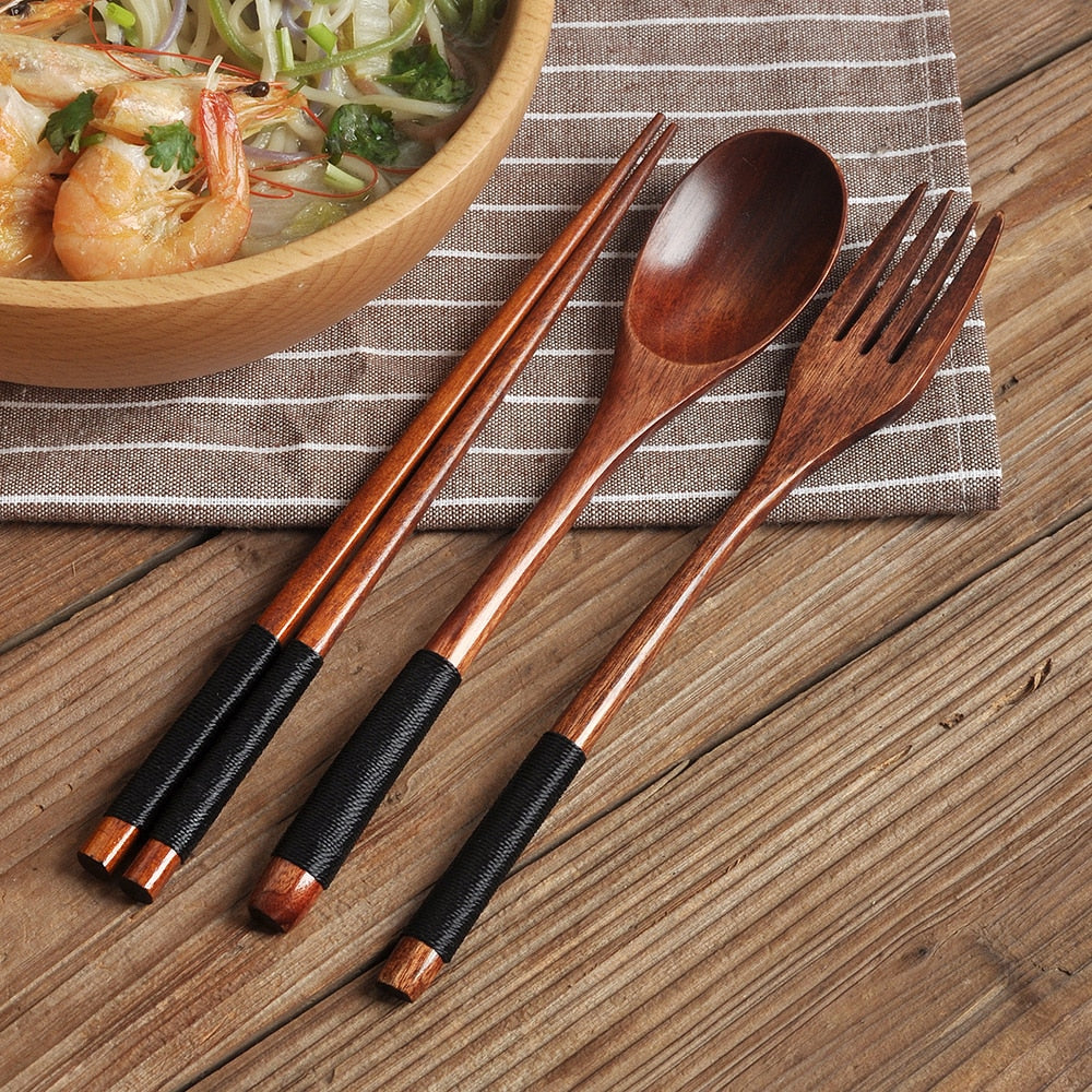 3Pcs/Set Natural Wood Spoon Chopsticks And Fork Dinner Set Rice Soup Grain Tableware Handmade Japanese Cutlery Bamboo Chopstick