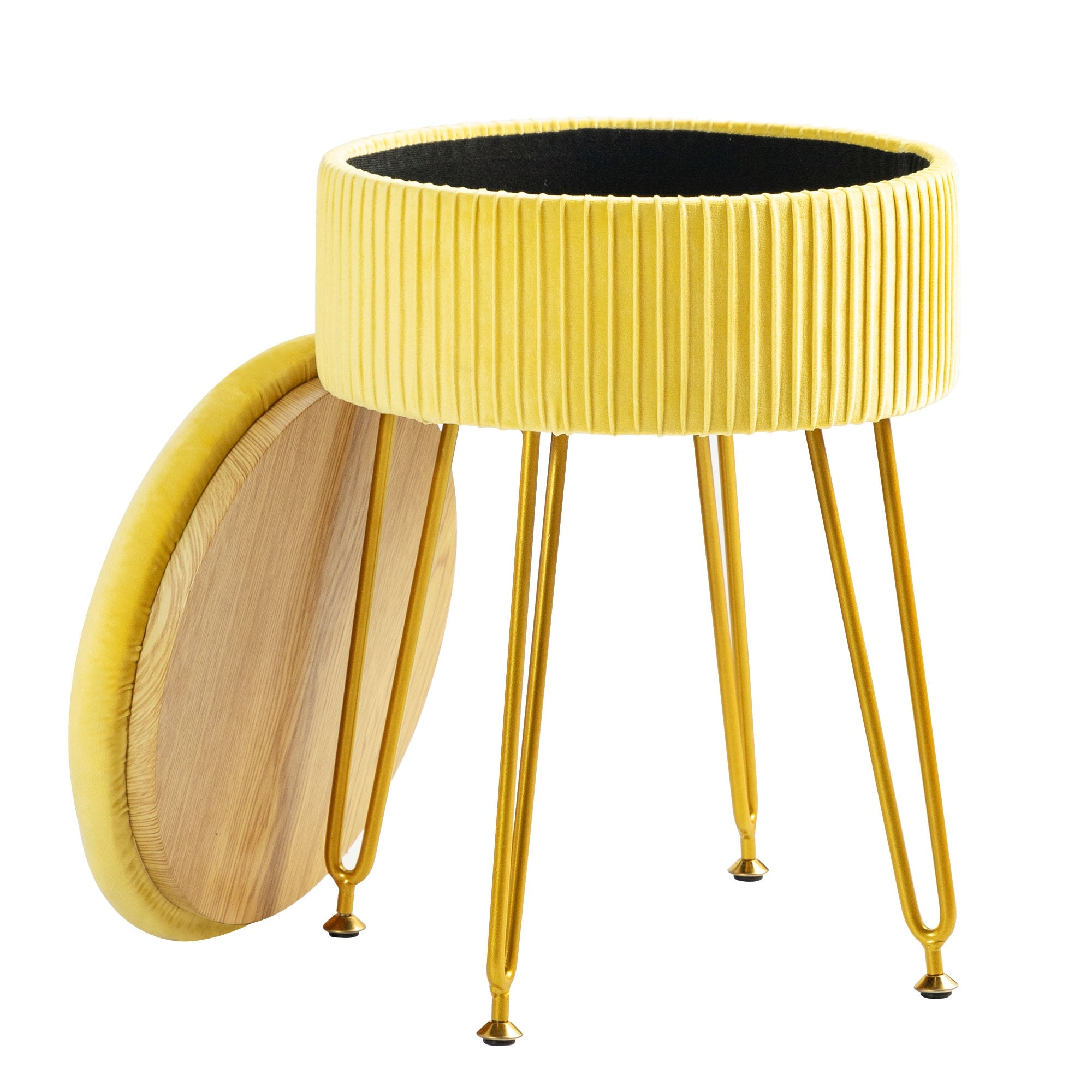 Yellow Velvet Storage Ottoman Stool Round Footrest Vanity Stool with Metal Legs Suitable for Living Room and Bedroom